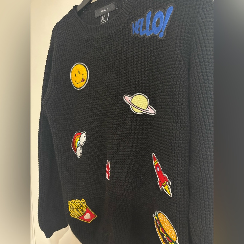 Forever21 LIKE NEW Black Sweater with Cute Patches, Large - Picture 4 of 5